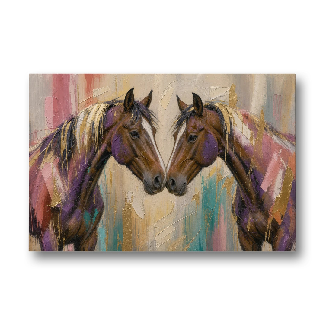 Abstract Horse Wall Art of Two Bays Touching Noses - Canvas Wall Art - Front