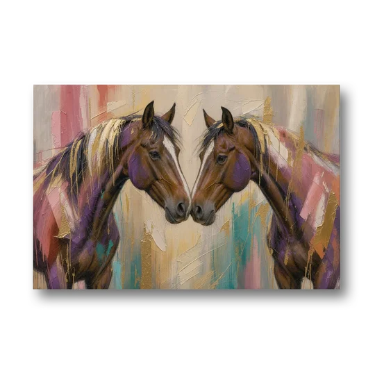 Abstract Horse Wall Art of Two Bays Touching Noses - Canvas Wall Art - Front