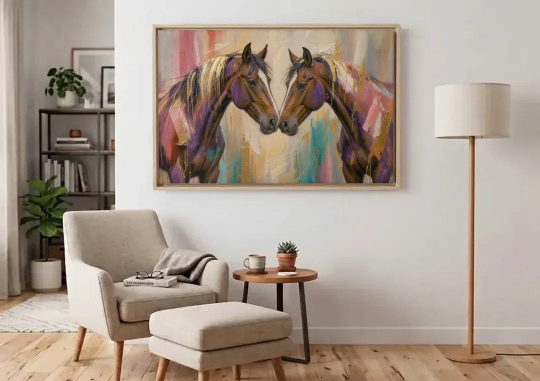 Abstract Horse Wall Art of Two Bays Touching Noses canvas wall art above an armchair in a bright living room