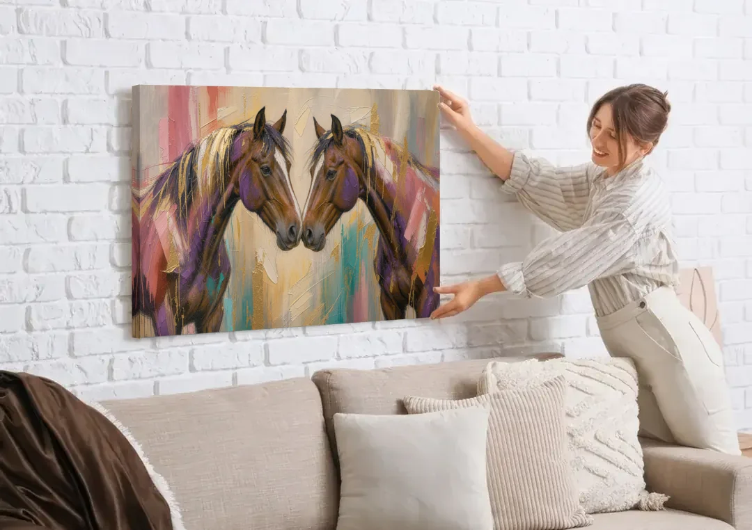 Abstract Horse Wall Art of Two Bays Touching Noses canvas wall art being hung on a white brick wall above a sofa