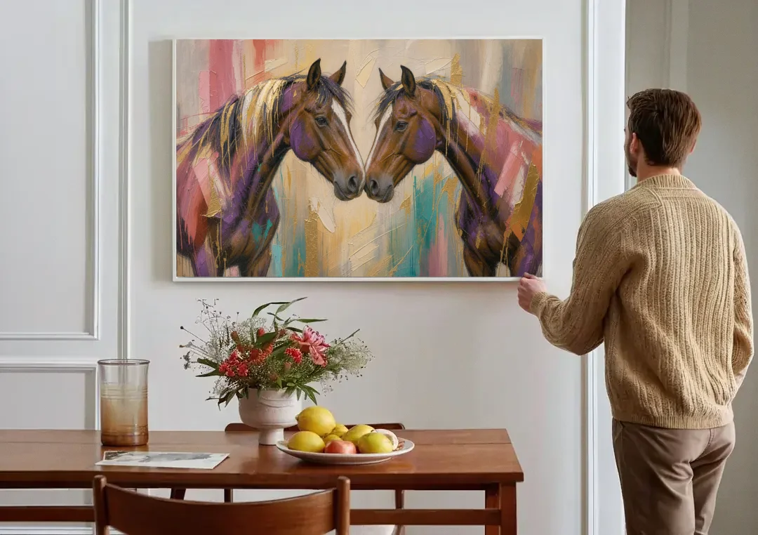 Abstract Horse Wall Art of Two Bays Touching Noses canvas wall art above a dining table