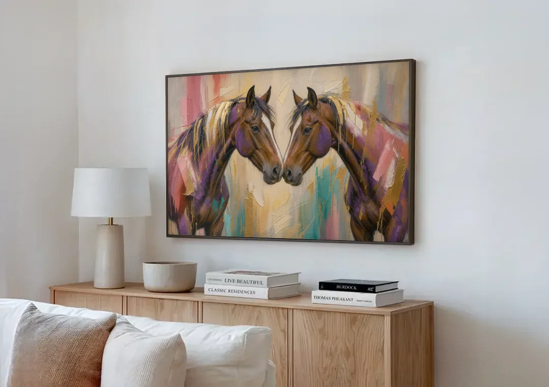 Abstract Horse Wall Art of Two Bays Touching Noses canvas wall art above a wooden sideboard next to a sofa