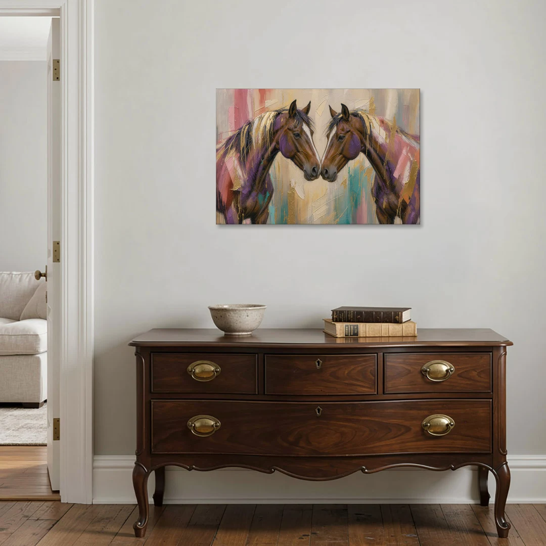 Abstract Horse Wall Art of Two Bays Touching Noses - Canvas Wall Art - Coffee Table - 36x24