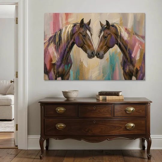 Abstract Horse Wall Art of Two Bays Touching Noses - Canvas Wall Art - Coffee Table - 60x40