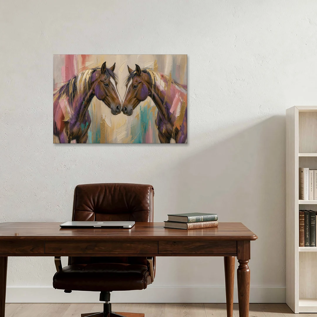 Abstract Horse Wall Art of Two Bays Touching Noses - Canvas Wall Art - Office - 36x24