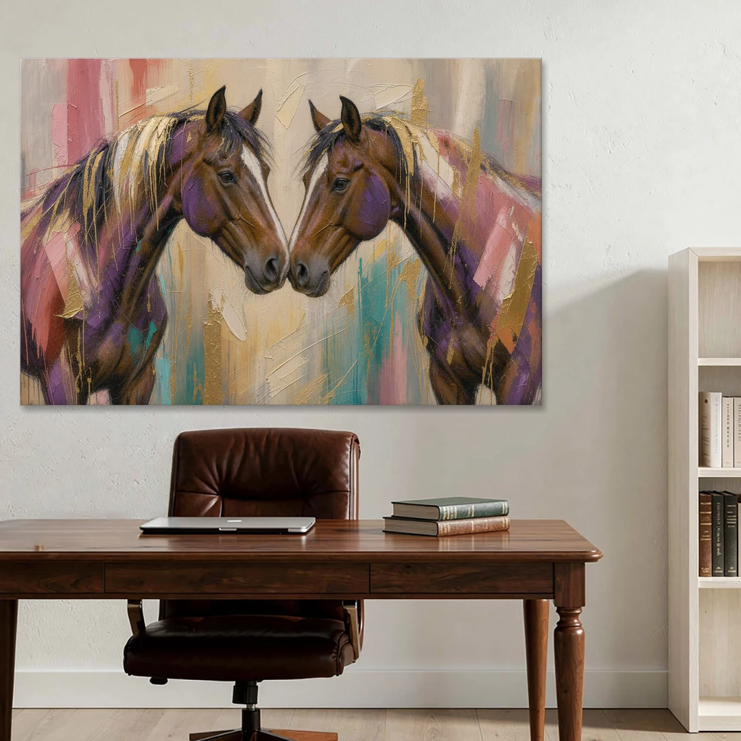 Abstract Horse Wall Art of Two Bays Touching Noses - Canvas Wall Art - Office - 60x40