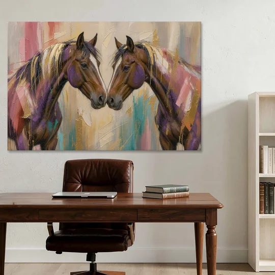 Abstract Horse Wall Art of Two Bays Touching Noses - Canvas Wall Art - Office - 60x40