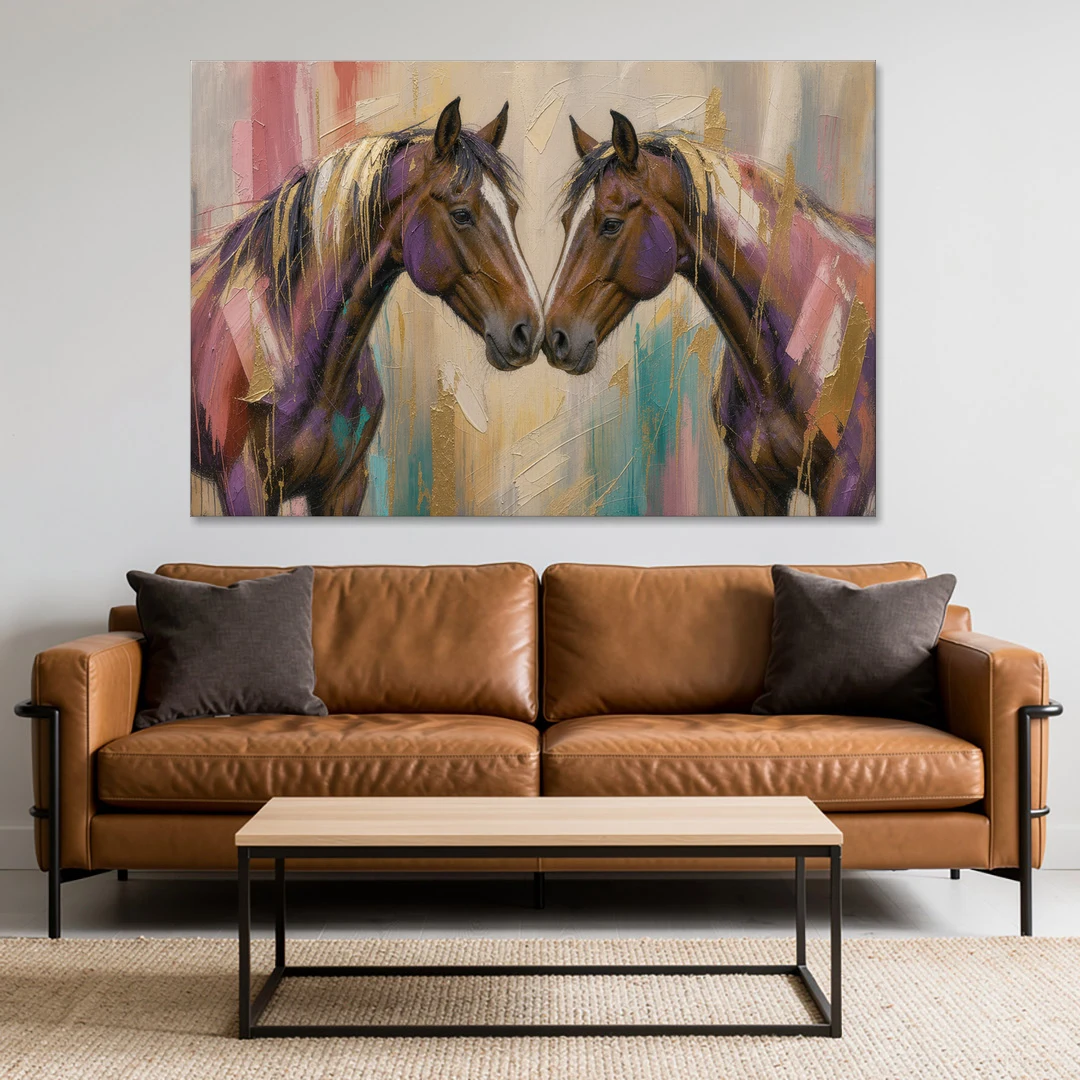 Abstract Horse Wall Art of Two Bays Touching Noses - Canvas Wall Art - Sofa - 60x40