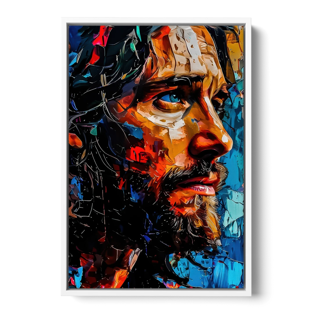 Abstract Jesus Portrait - White Framed Canvas Wall Art - Front