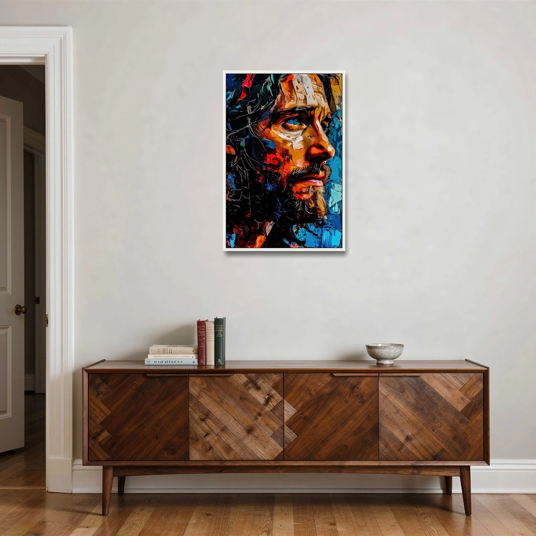 Abstract Jesus Portrait - White Framed Canvas Wall Art - Coffee Table - 24x36