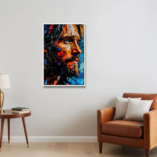 Abstract Jesus Portrait - White Framed Canvas Wall Art - Sofa - 24x36