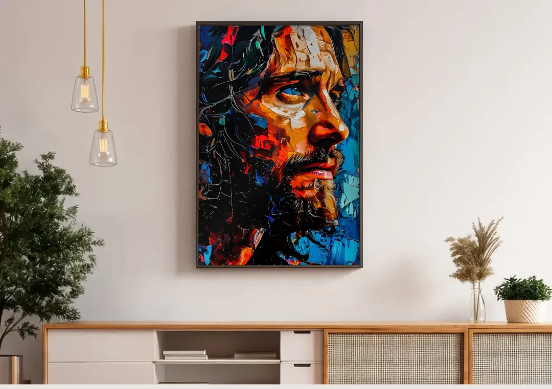 Abstract Jesus Portrait canvas wall art above a wooden sideboard under pendant lights