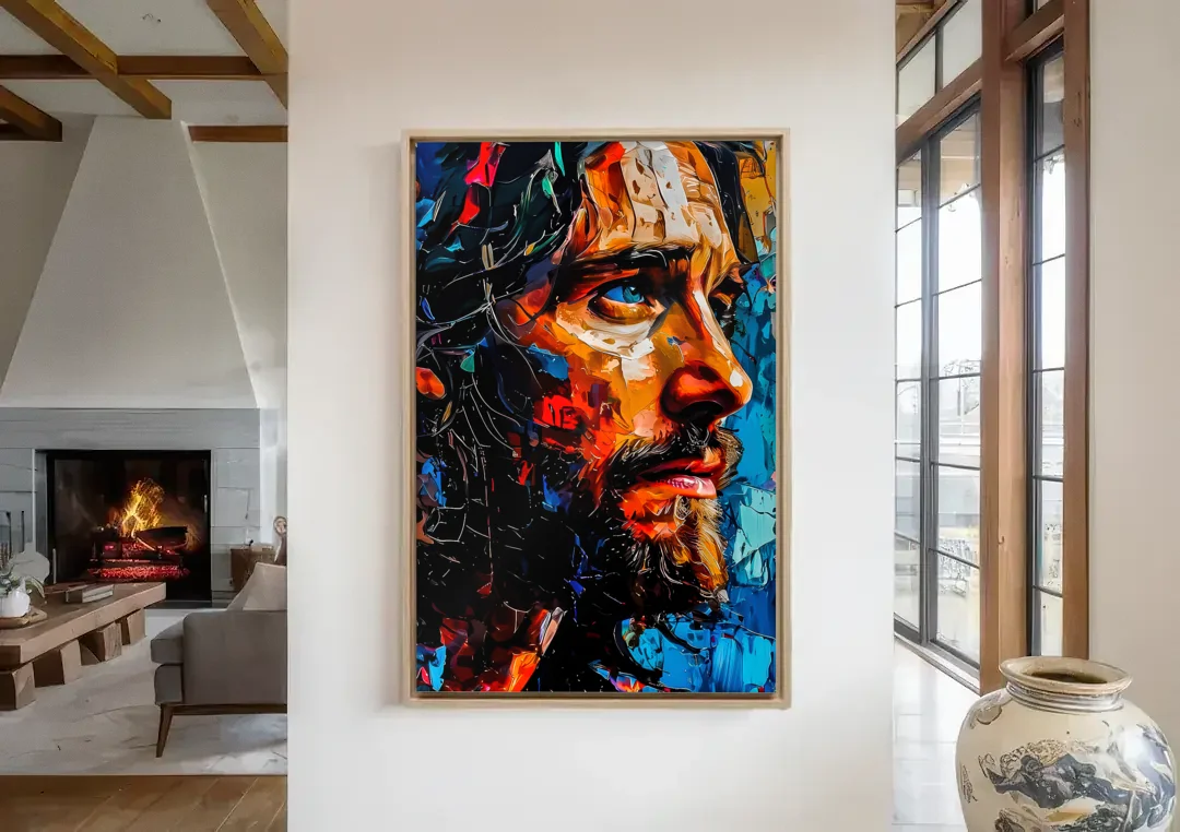 Abstract Jesus Portrait canvas wall art in a living room with a fireplace