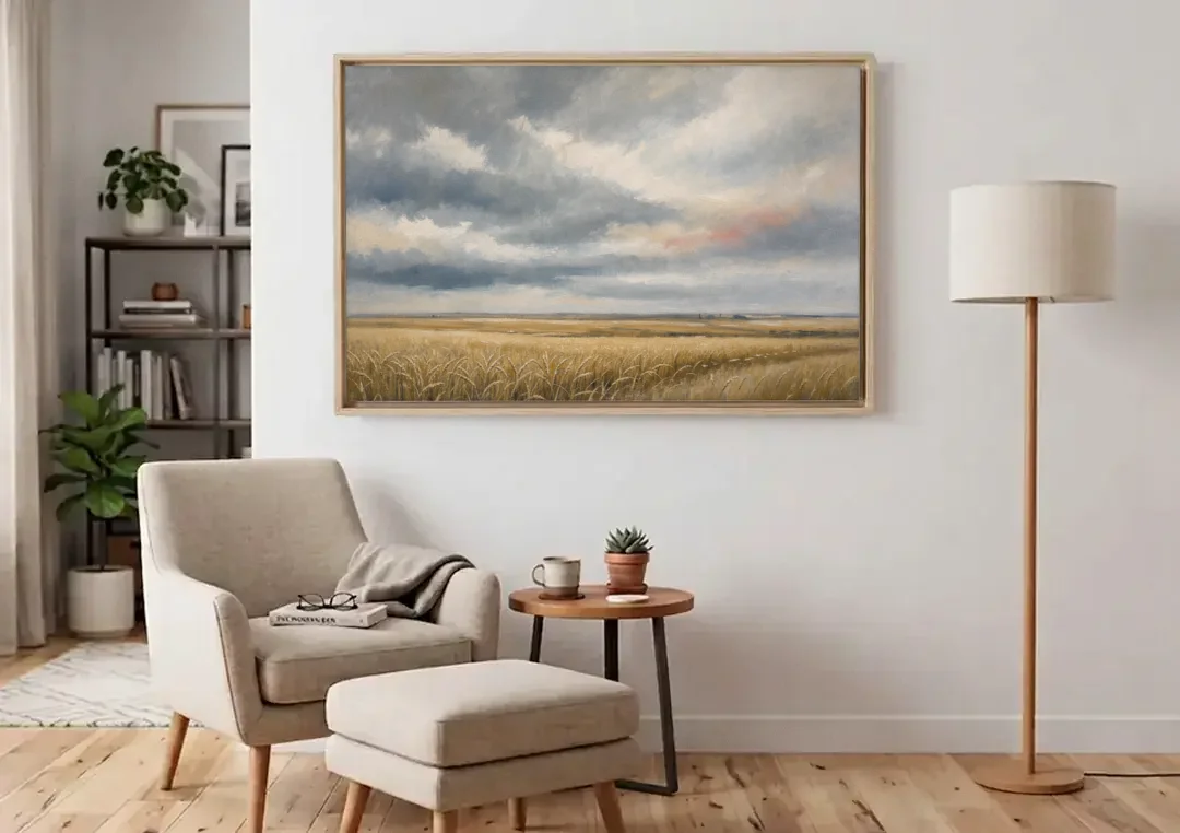 Abstract Landscape Canvas Art of the Open Prairie canvas wall art above an armchair in a bright living room