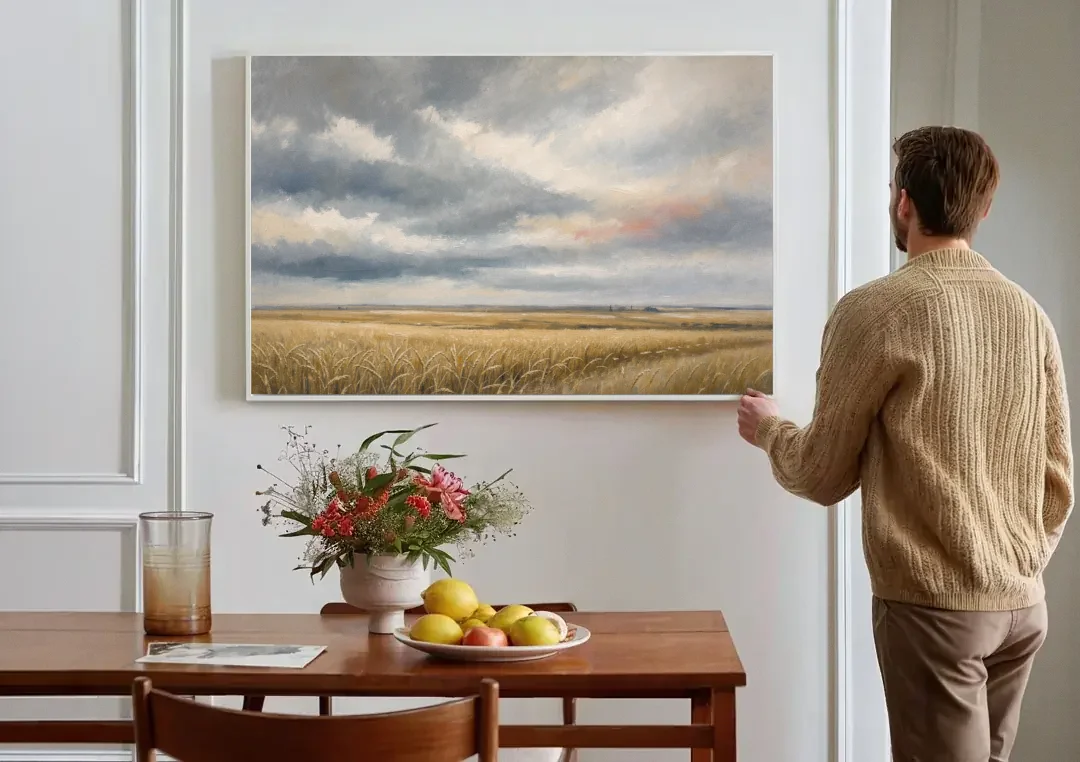 Abstract Landscape Canvas Art of the Open Prairie canvas wall art above a dining table