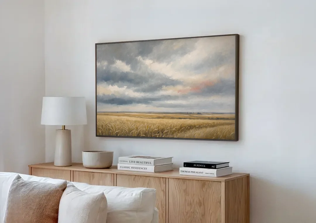 Abstract Landscape Canvas Art of the Open Prairie canvas wall art above a wooden sideboard next to a sofa