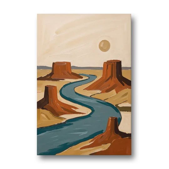 Abstract Landscape Painting of a River and Mesas - Canvas Wall Art - Front