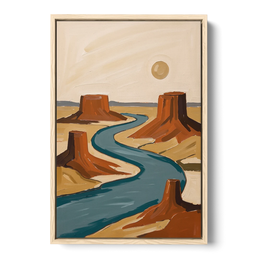 Abstract Landscape Painting of a River and Mesas - Oak Framed Canvas Wall Art - Front
