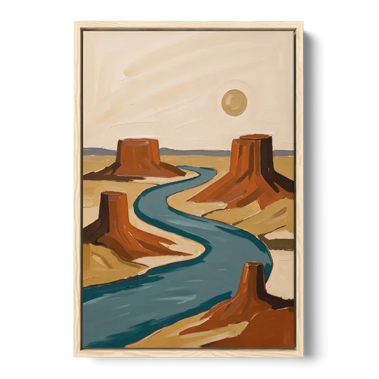 Abstract Landscape Painting of a River and Mesas - Oak Framed Canvas Wall Art - Front