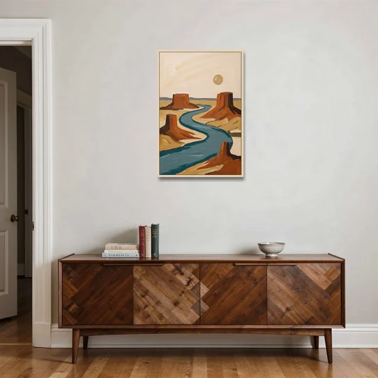 Abstract Landscape Painting of a River and Mesas - Oak Framed Canvas Wall Art - Coffee Table - 24x36