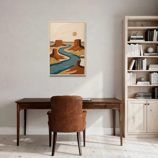 Abstract Landscape Painting of a River and Mesas - Oak Framed Canvas Wall Art - Office - 24x36