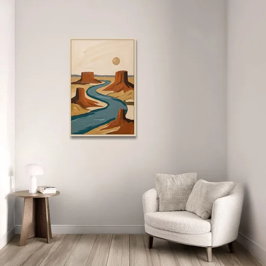 Abstract Landscape Painting of a River and Mesas - Oak Framed Canvas Wall Art - Sofa - 24x36