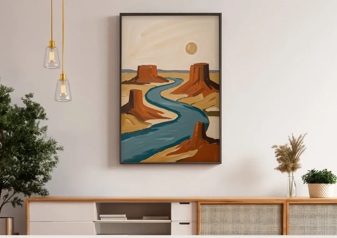 Abstract Landscape Painting of a River and Mesas canvas wall art above a wooden sideboard under pendant lights