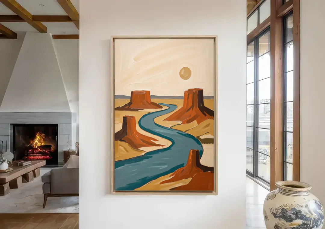 Abstract Landscape Painting of a River and Mesas canvas wall art in a living room with a fireplace