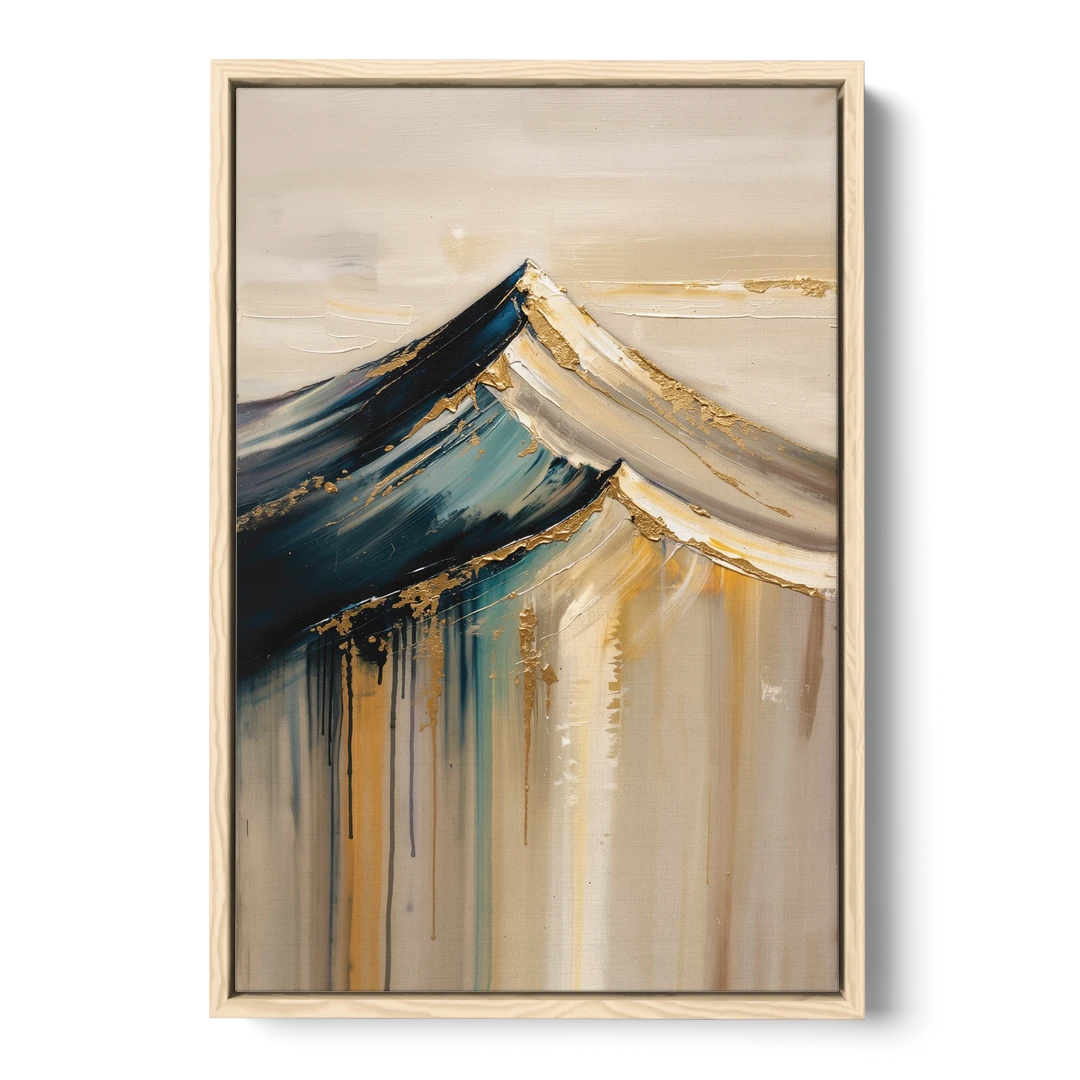 Abstract Mountain Painting with Gold Ridgelines - Oak Framed Canvas Wall Art - Front