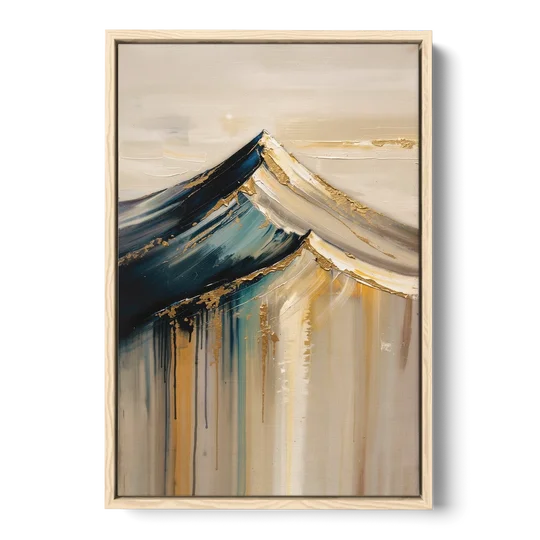 Abstract Mountain Painting with Gold Ridgelines - Oak Framed Canvas Wall Art - Front