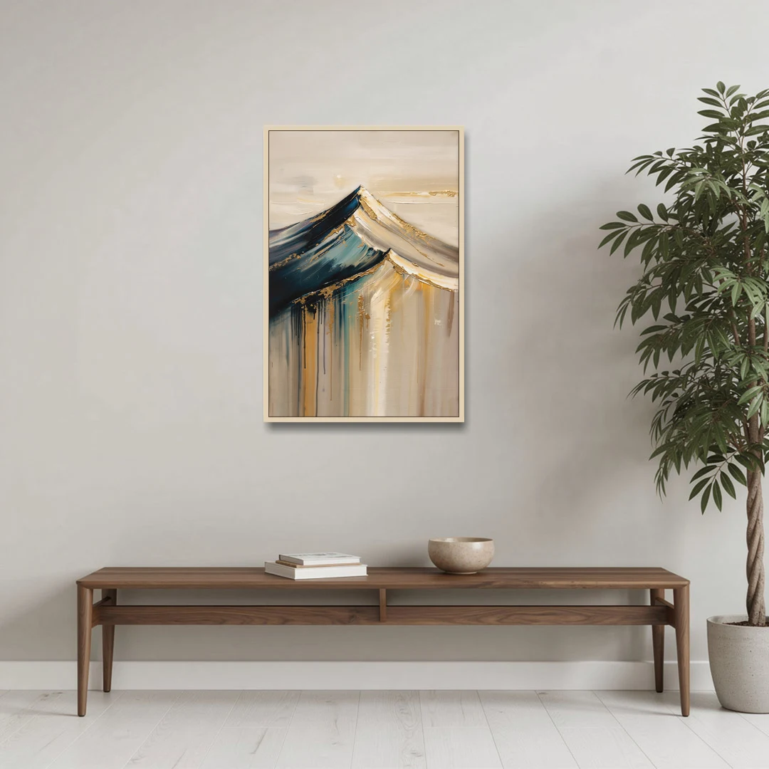 Abstract Mountain Painting with Gold Ridgelines - Oak Framed Canvas Wall Art - Coffee Table - 24x36