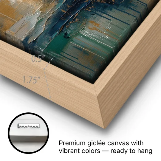 Abstract Navy Plume with Bronze Flecks - Oak Framed Canvas Wall Art - Gallery Wrap Corner