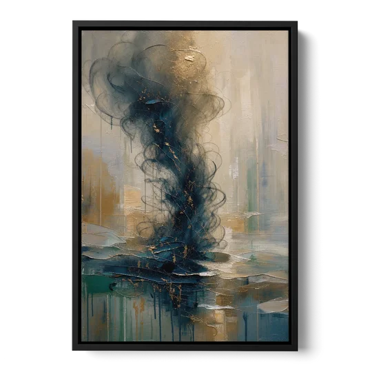 Abstract Navy Plume with Bronze Flecks - Black Framed Canvas Wall Art - Front