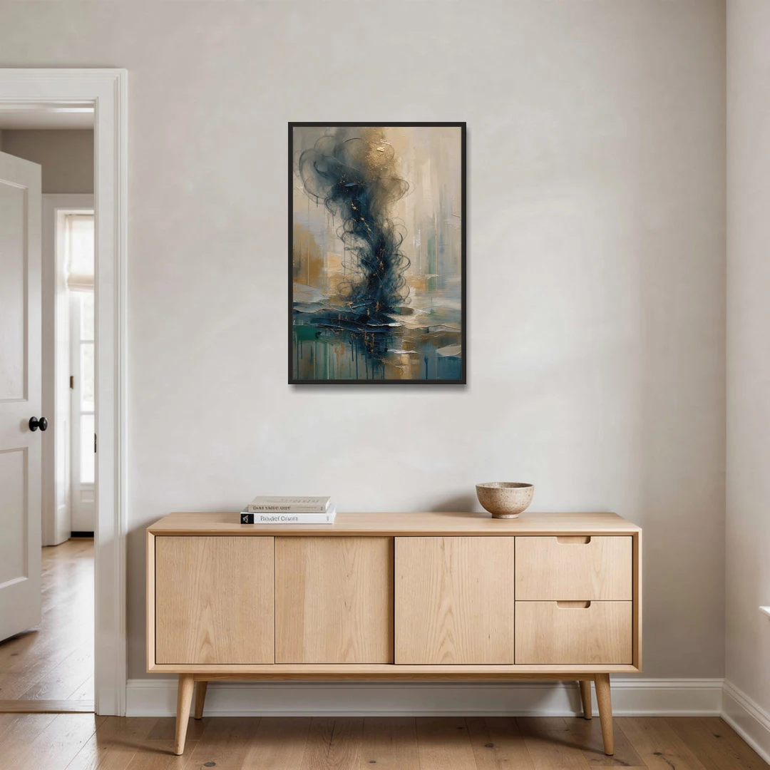 Abstract Navy Plume with Bronze Flecks - Black Framed Canvas Wall Art - Coffee Table - 24x36