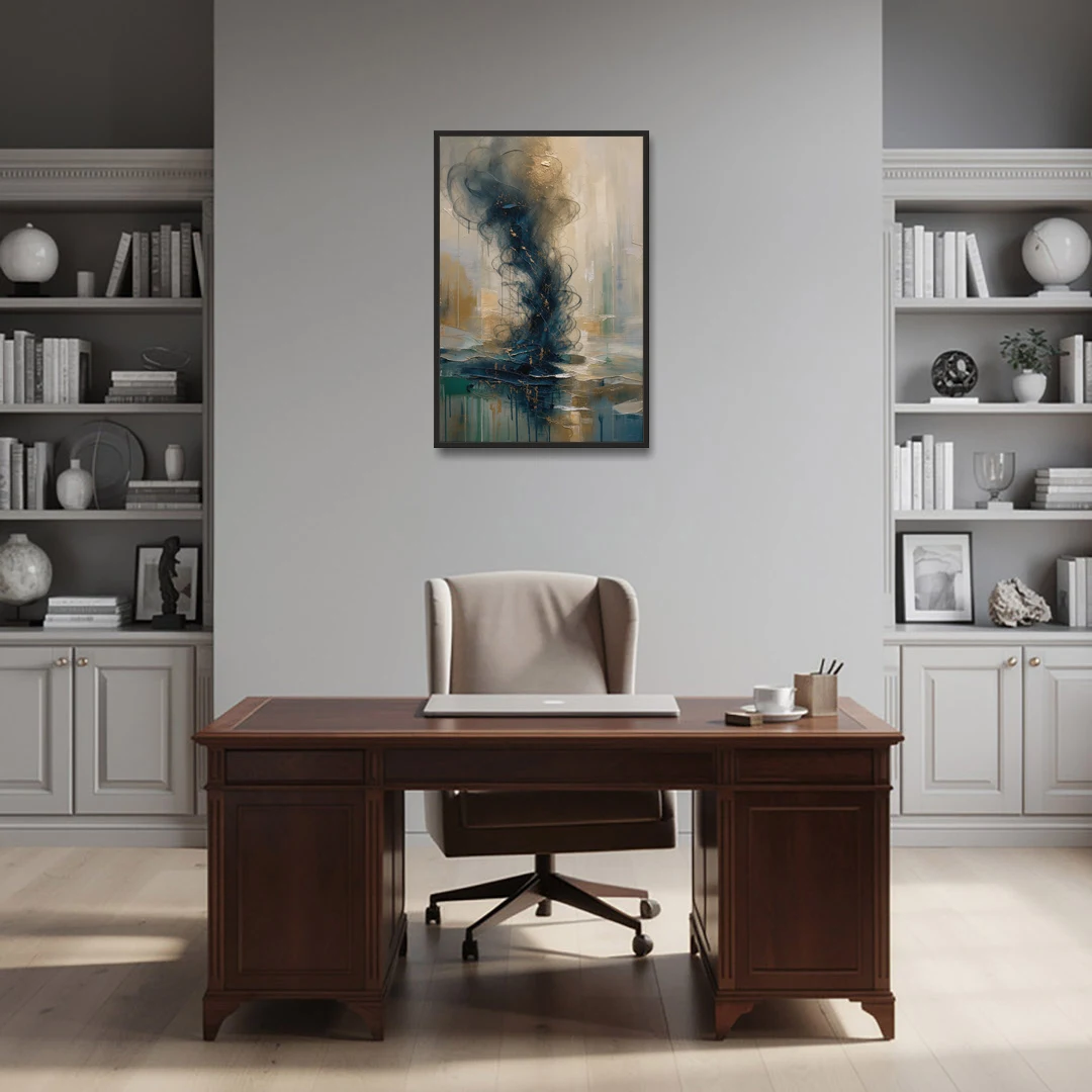 Abstract Navy Plume with Bronze Flecks - Black Framed Canvas Wall Art - Office - 24x36