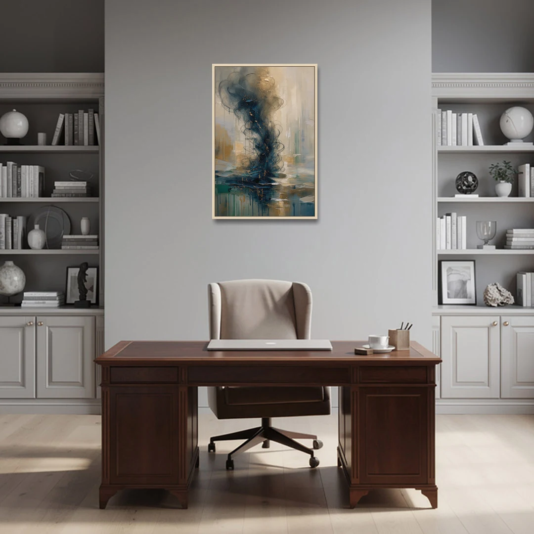 Abstract Navy Plume with Bronze Flecks - Oak Framed Canvas Wall Art - Office - 24x36