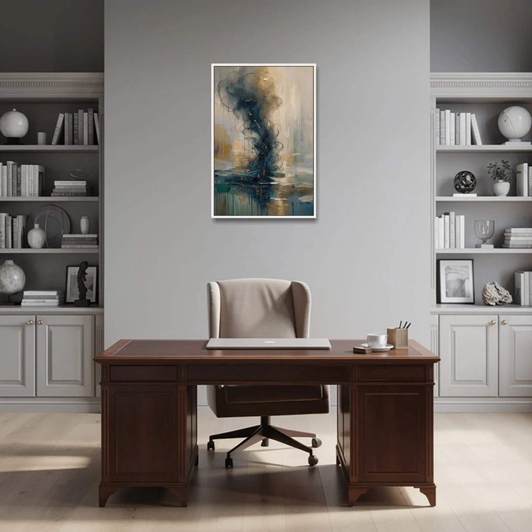 Abstract Navy Plume with Bronze Flecks - White Framed Canvas Wall Art - Office - 24x36