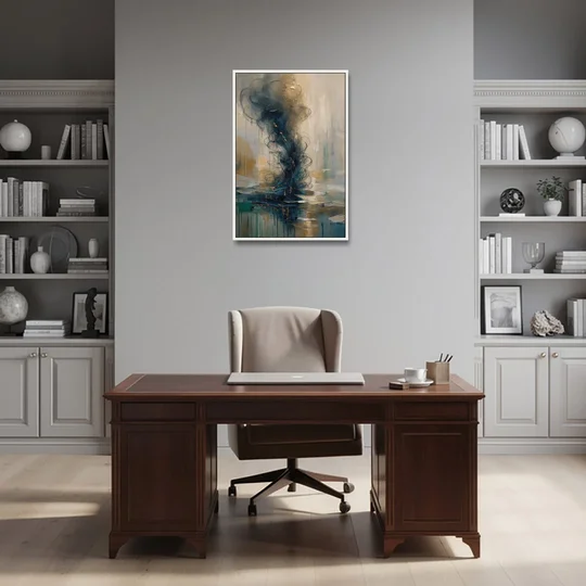 Abstract Navy Plume with Bronze Flecks - White Framed Canvas Wall Art - Office - 24x36