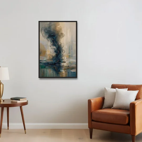 Abstract Navy Plume with Bronze Flecks - Black Framed Canvas Wall Art - Sofa - 24x36