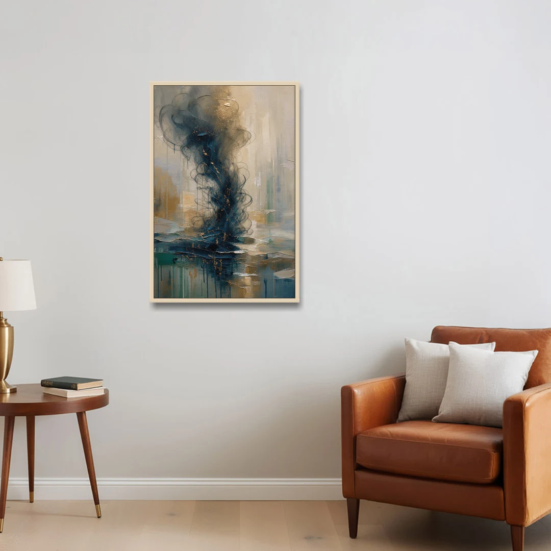 Abstract Navy Plume with Bronze Flecks - Oak Framed Canvas Wall Art - Sofa - 24x36