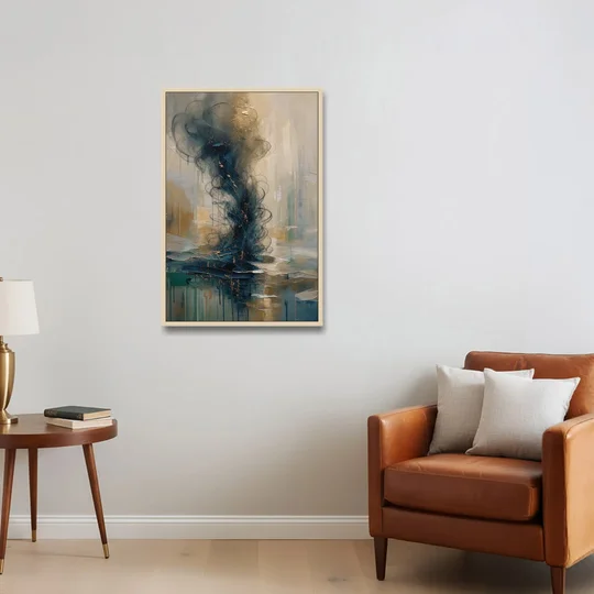 Abstract Navy Plume with Bronze Flecks - Oak Framed Canvas Wall Art - Sofa - 24x36