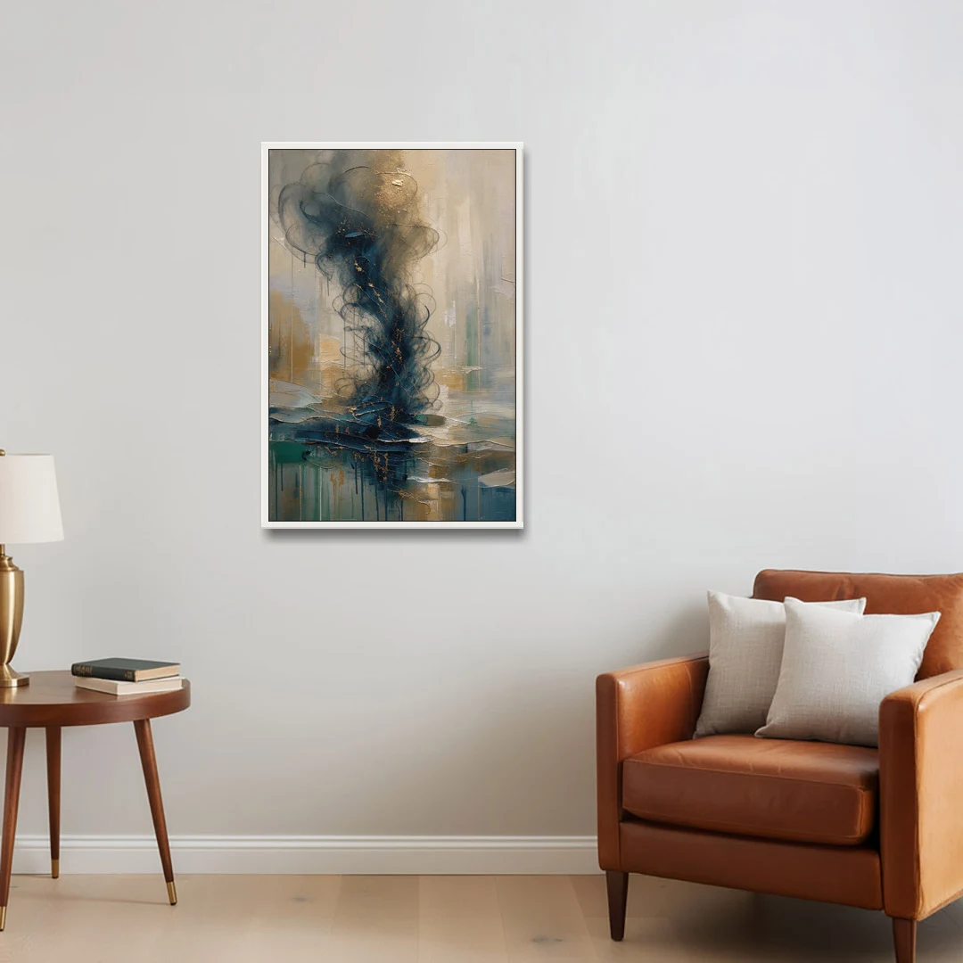 Abstract Navy Plume with Bronze Flecks - White Framed Canvas Wall Art - Sofa - 24x36