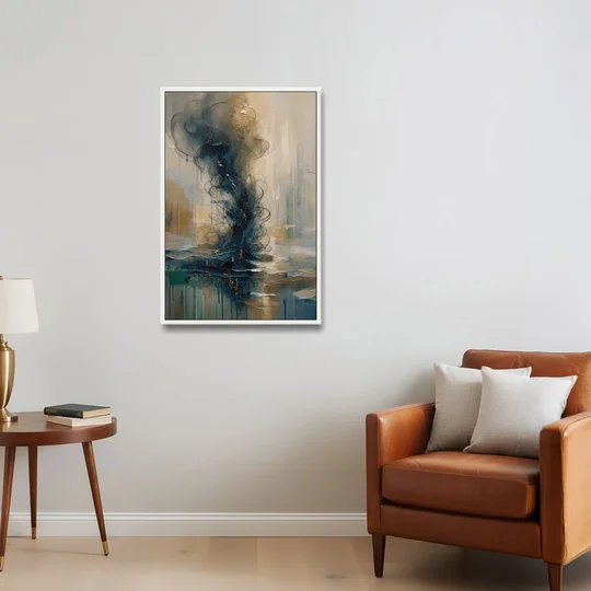 Abstract Navy Plume with Bronze Flecks - White Framed Canvas Wall Art - Sofa - 24x36