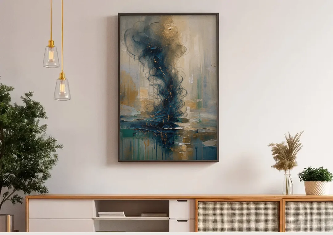 Abstract Navy Plume with Bronze Flecks canvas wall art above a wooden sideboard under pendant lights