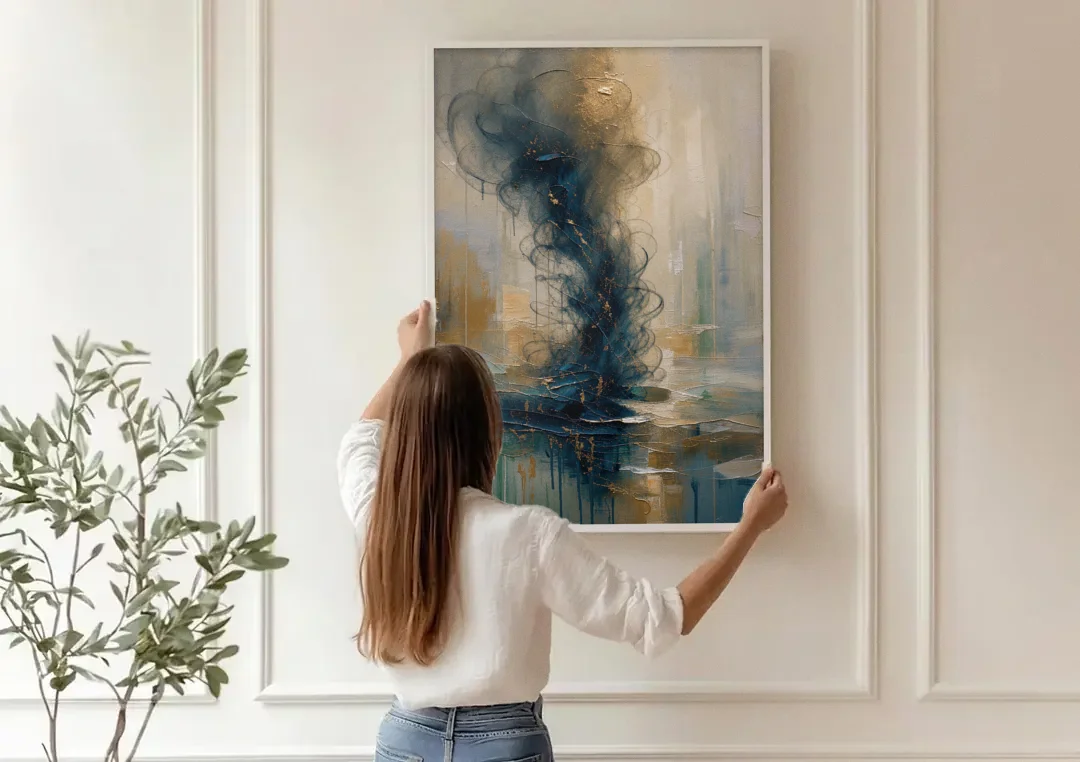 Abstract Navy Plume with Bronze Flecks canvas wall art being hung on a paneled wall