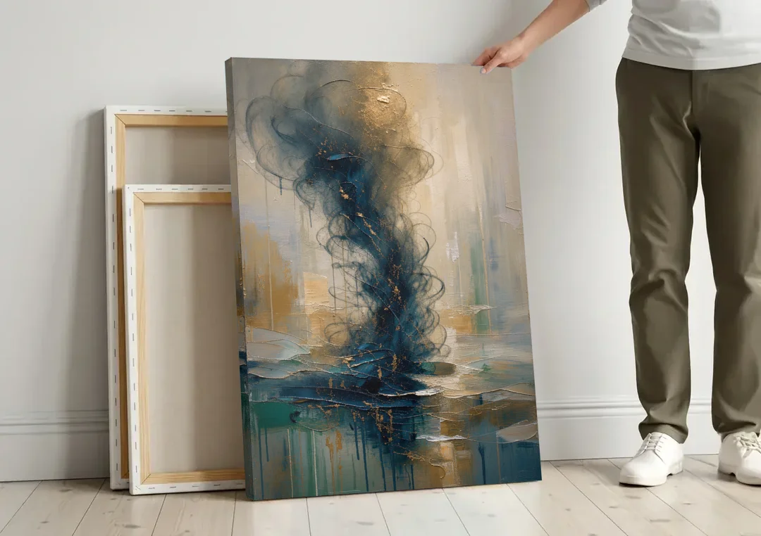 Abstract Navy Plume with Bronze Flecks canvas wall art leaning against a wall next to blank canvases
