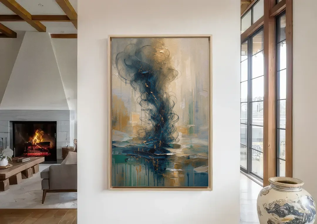 Abstract Navy Plume with Bronze Flecks canvas wall art in a living room with a fireplace