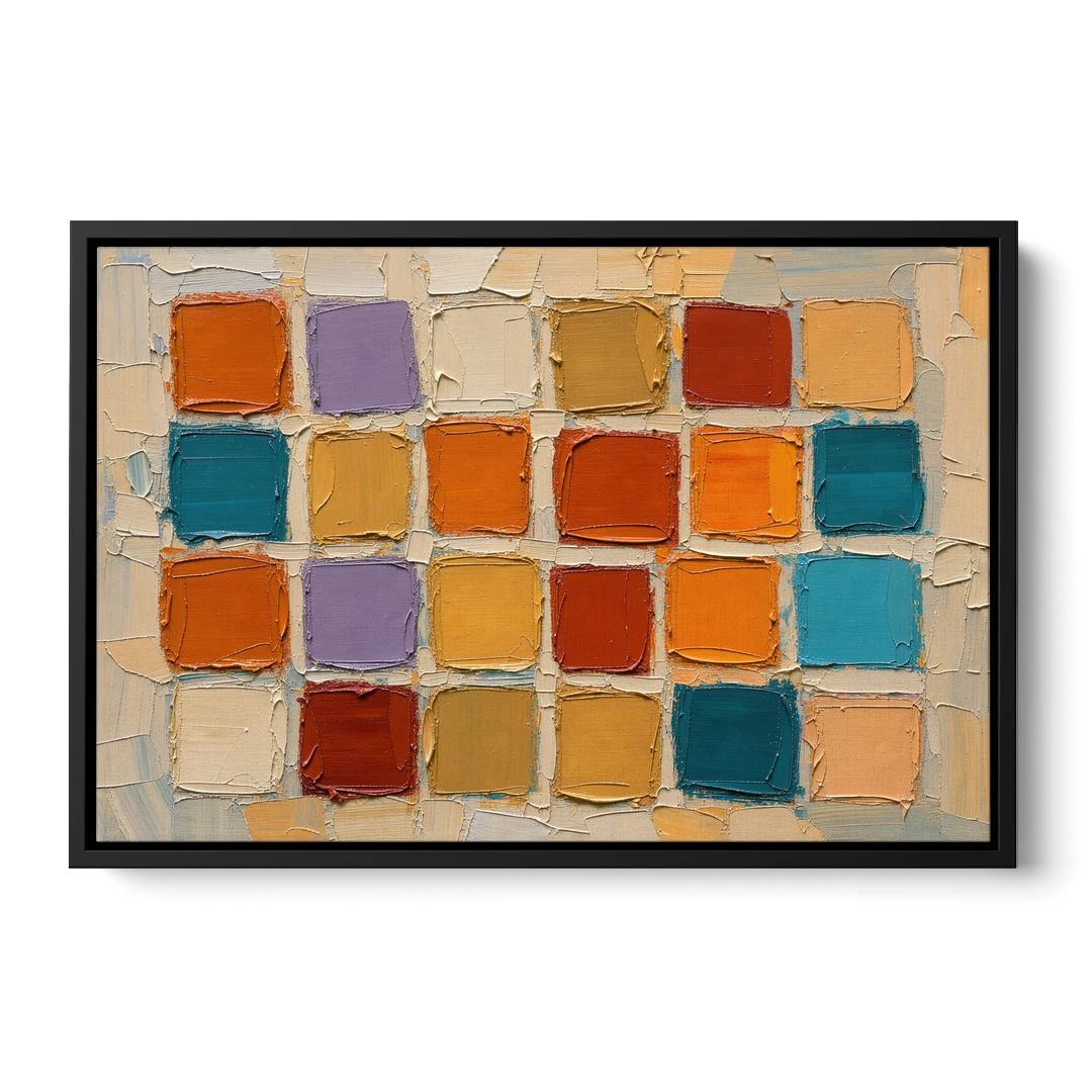 Abstract Orange Knife Tile Grid - Black Framed Canvas Wall Art - Front