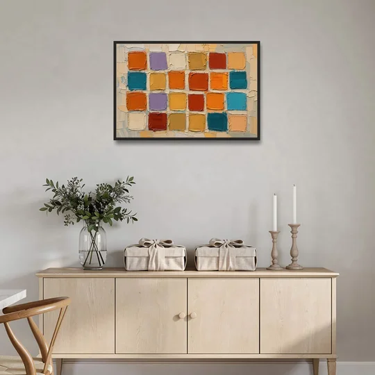 Abstract Orange Knife Tile Grid - Black Framed Canvas Wall Art - Coffee Table - 36x24
