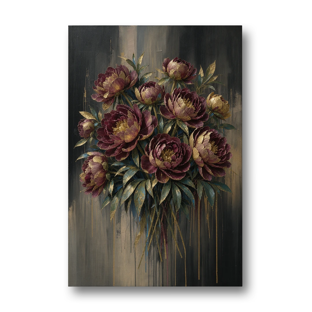 Abstract Peony Painting in Garnet and Gold - Canvas Wall Art - Front